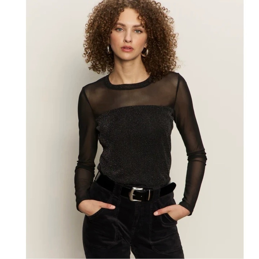 Sanctuary Women's Size Medium Sparkle Mesh Crew Tee Black Long Sleeve Stretch